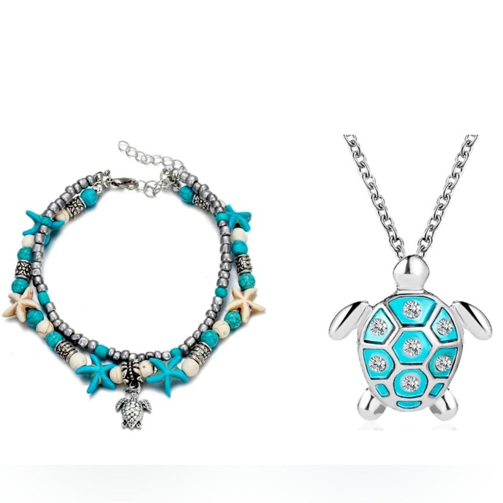 Boho Turtle Necklace and double layered Anklet NWT